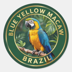 Pegatina Redonda 🦜 Guacamayo Azul y Amarillo Brasil Ave Tropical