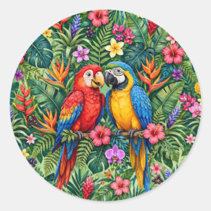 Pegatina Redonda Guacamayos de la selva Loros alegres Flores vibran