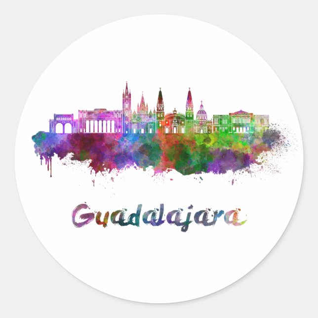Pegatina Redonda Guadalajara skyline in watercolor (Anverso)