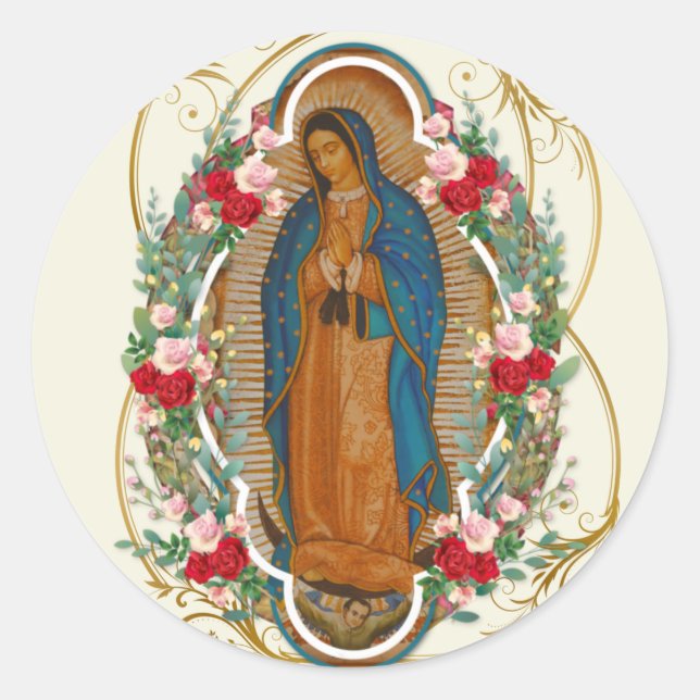 Pegatina Redonda Guadalupe Virgen María Oración Española Tarjeta Sa (Anverso)