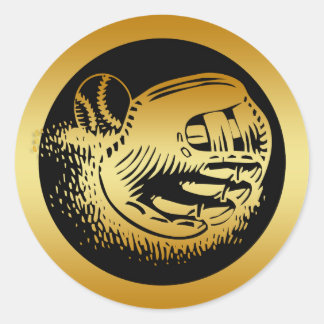 PEGATINA REDONDA GUANTE DE BÉISBOL ORO Y BOLA