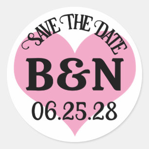 Pegatina Redonda GUARDA LA FECHA Corazón Rosa Tu Texto y Fecha de B
