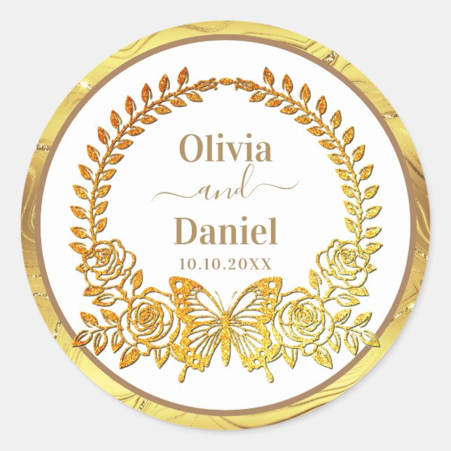 Pegatina Redonda Guarda la Fecha, Mariposa Dorada y Flor (Anverso)