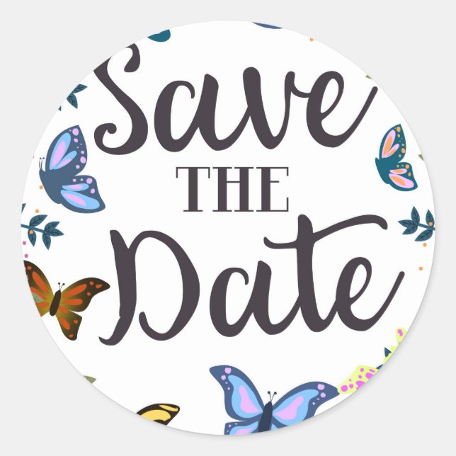 Pegatina Redonda Guarda la Fecha Mariposas Vintage. (Anverso)