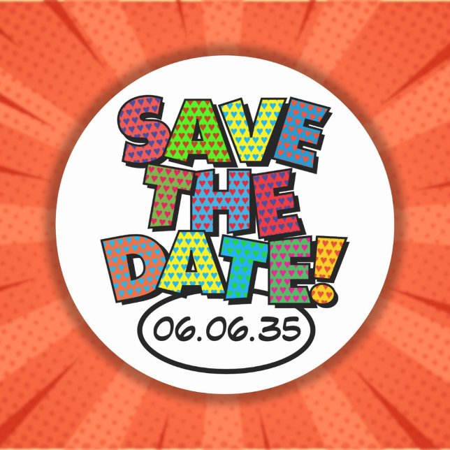 Pegatina Redonda GUARDAR LA FECHA Diversión Retro Cómic Arte Pop (SAVE THE DATE Fun Retro Comic Book Pop Art Classic Round Sticker)