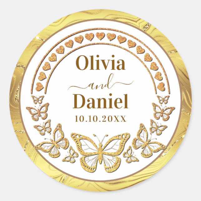Pegatina Redonda Guardar la fecha, mariposas de oro y corazones (Anverso)