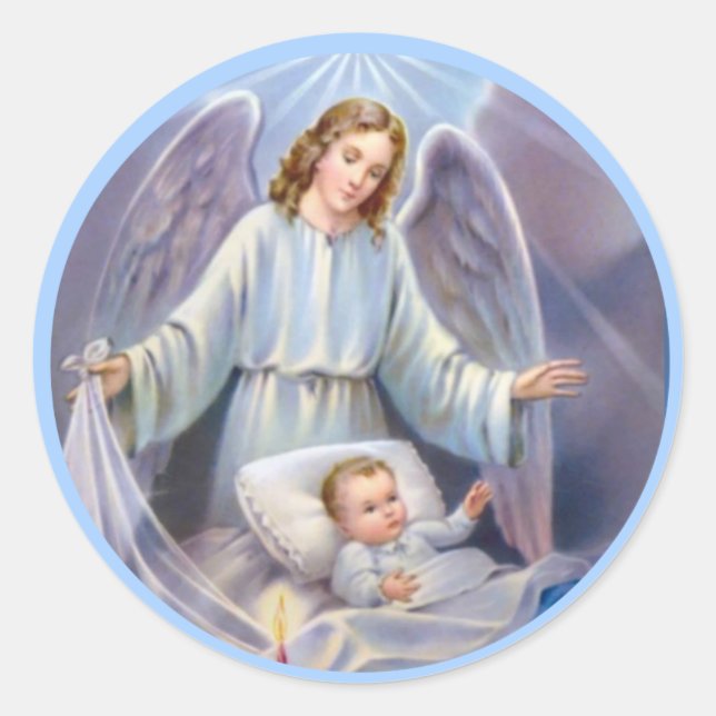 Pegatina Redonda Guardian Angel niño bebé vela cielo azul (Anverso)
