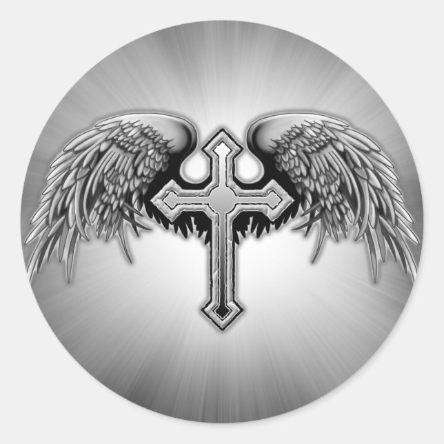 Pegatina Redonda Guardian Angel Winged Cross Design (Anverso)
