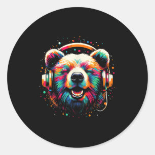 Pegatina Redonda Guay Bear Auriculares Música Navidades de arte Cum