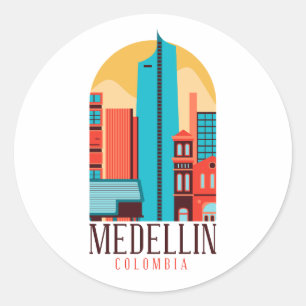 Pegatina Redonda Guay Medellín Colombia Vintage Cityscape