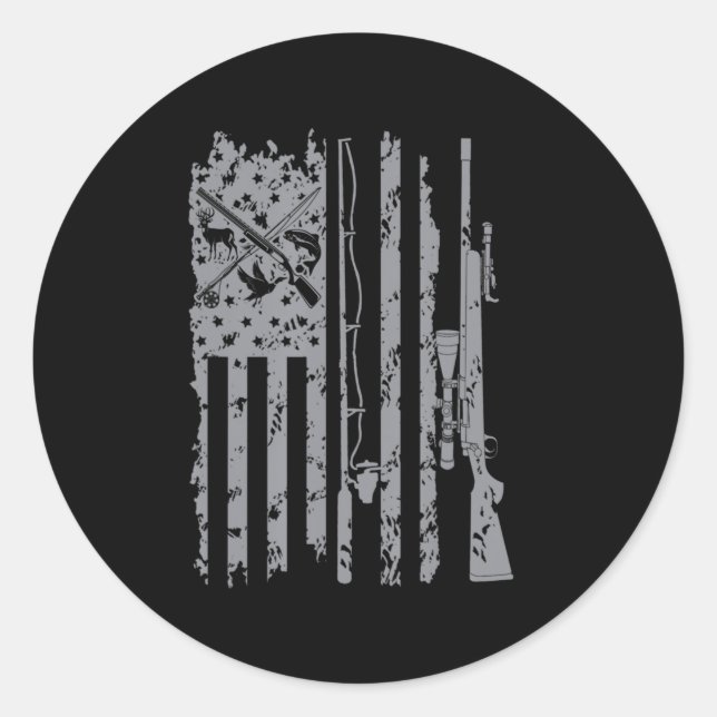 Pegatina Redonda Guay Pescando Rod Caza Rifle Bandera Estadounidens (Anverso)