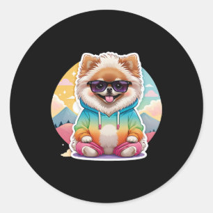 Pegatina Redonda Guay Pomeranian en Rainbow Hoodie