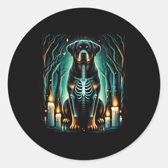 Pegatina Redonda Guay Rottweiler Dog Skeleton Halloween Dog Mom Dad (Anverso)