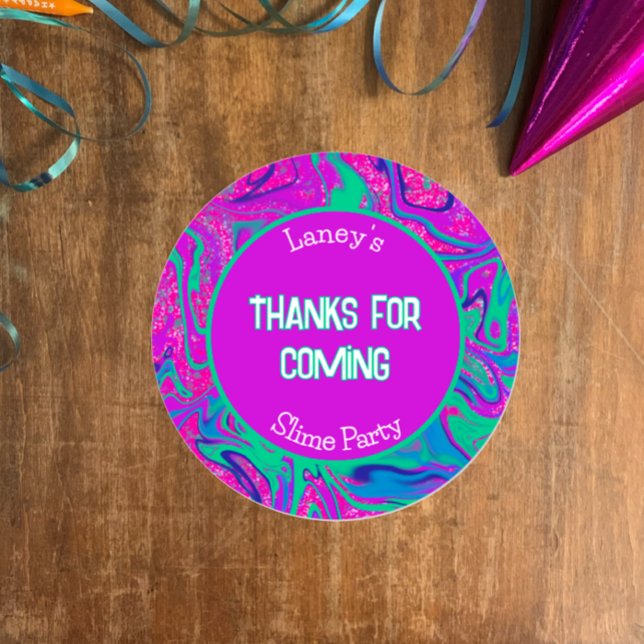 Pegatina Redonda Guay Slime Birthday Party Gracias Por Favor Pegati (Customize this template for party favor thank you gifts. Bright groovy purple n aqua slime party
)
