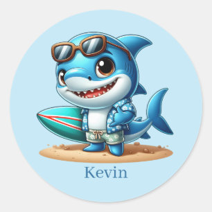 Pegatina Redonda Guay surfing shark add name