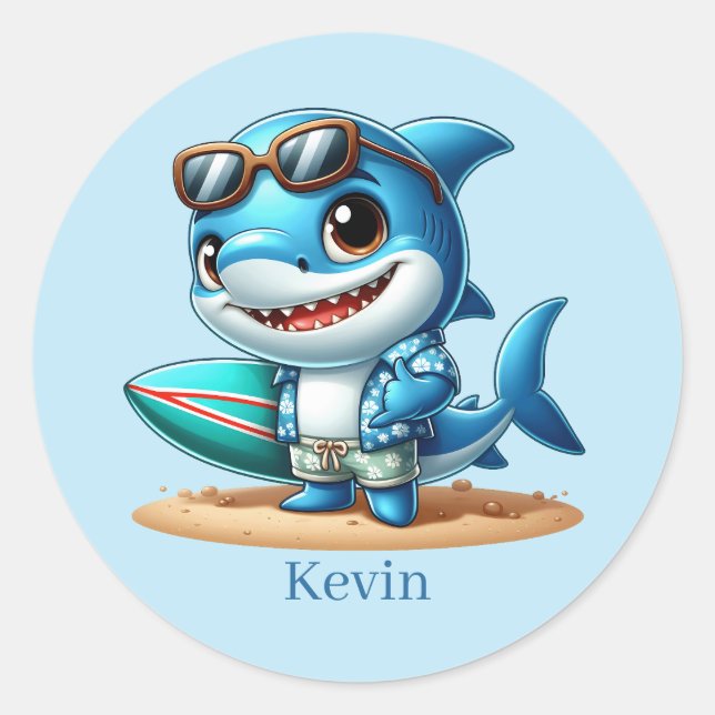 Pegatina Redonda Guay surfing shark add name (Anverso)