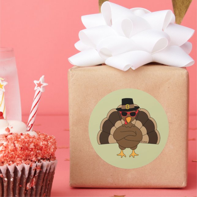 Pegatina Redonda Guay Turquía con gafas de sol Feliz Día de Acción  (Fiesta)