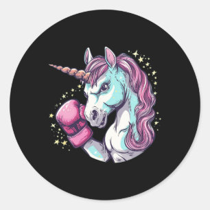 Pegatina Redonda Guay Unicorn Enfrenta Un Traje Con Guantes De Boxe