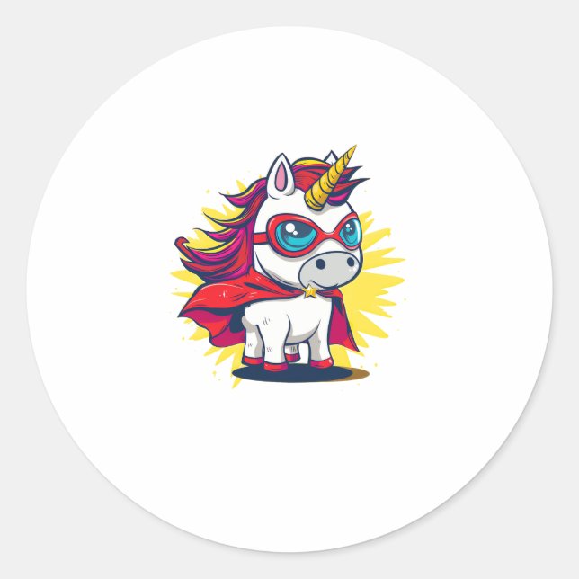Pegatina Redonda Guay Unicornio con superhéroe Cabo disfraz largo (Anverso)