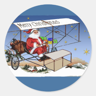 Pegatina Redonda Guay Vintage Biplane Santa Claus