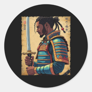 Pegatina Redonda Guerra de Bushido Afro-Americano de Vintage Samura