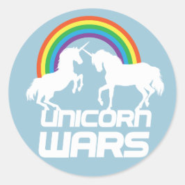Pegatina Redonda Guerras de Unicornio con arcoiris