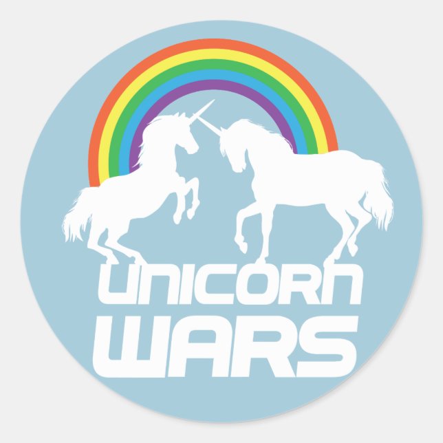 Pegatina Redonda Guerras de Unicornio con arcoiris (Anverso)