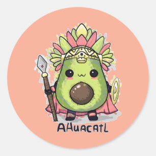 Pegatina Redonda Guerrero Ahuacatl Azteca Aguacado