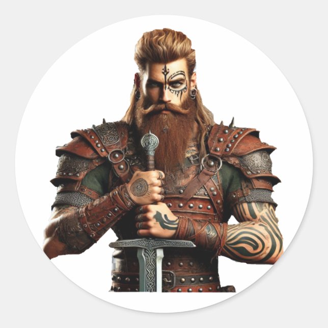 Pegatina Redonda Guerrero con espada (Anverso)