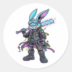 Pegatina Redonda Guerrero Conejo Neon Cyberpunk – Conejo Futurista