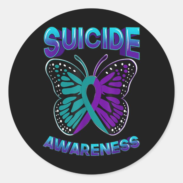 Pegatina Redonda Guerrero de concientización suicida morado y ampli (Anverso)