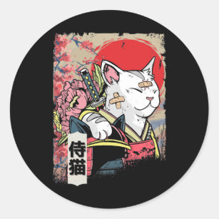 Pegatina Redonda Guerrero de gatos samurai japonés, Ninja Kitten