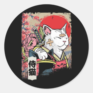 Pegatina Redonda Guerrero de gatos samurai japonés, Ninja Kitten