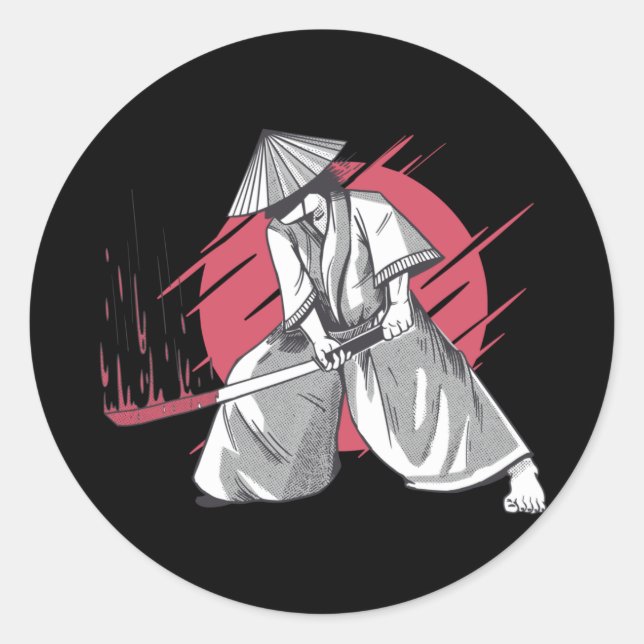 Pegatina Redonda Guerrero de Samurai golpea con Katana (Anverso)