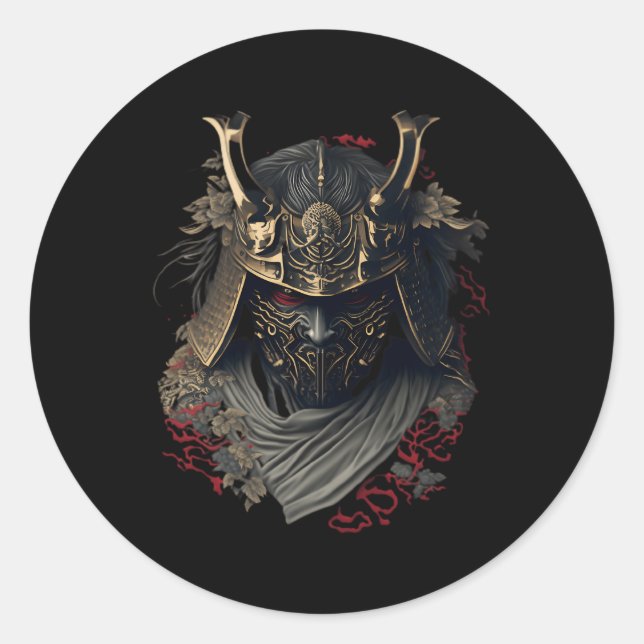 Pegatina Redonda Guerrero del casco de Samurai, Bushido, cultura ja (Anverso)