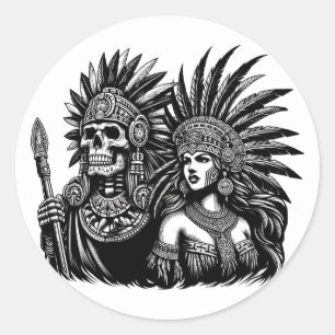 Pegatina Redonda Guerrero del esqueleto azteca con arte de princesa