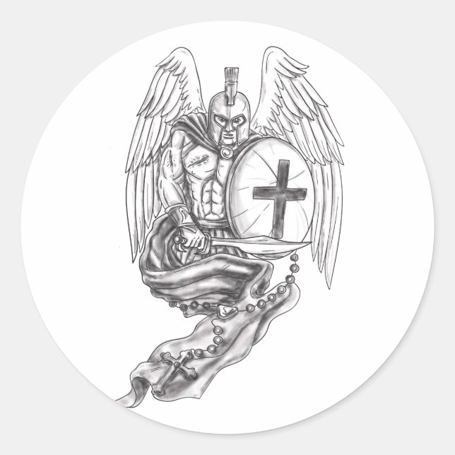 Pegatina Redonda Guerrero espartano Angel Shield Rosary Tattoo (Anverso)