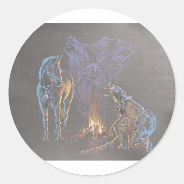 Pegatina Redonda Guerrero indio nativo de Camp Fire (Anverso)