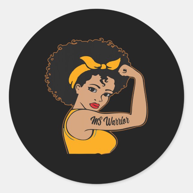 Pegatina Redonda Guerrero Inquebrantable Esclerosis Múltiple Afro N (Anverso)