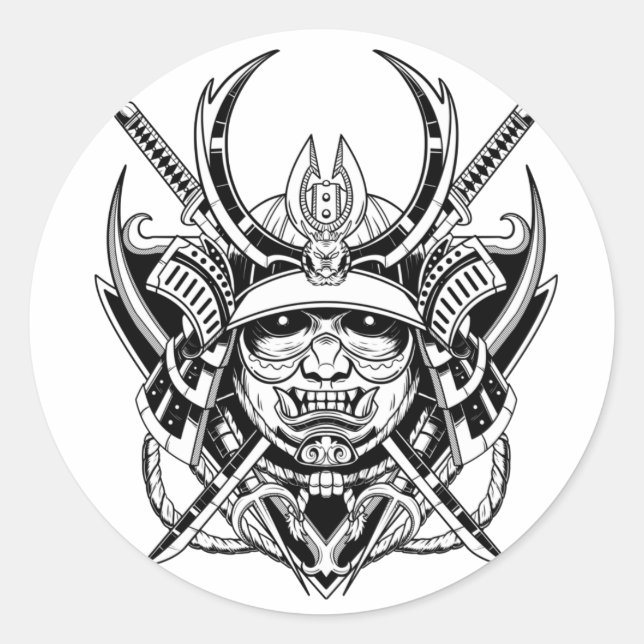 Pegatina Redonda Guerrero Samurai Japonés (Anverso)