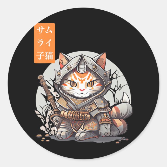 Pegatina Redonda Guerrero Samurai Japonés Kawaii Gato Anime Lover (Anverso)