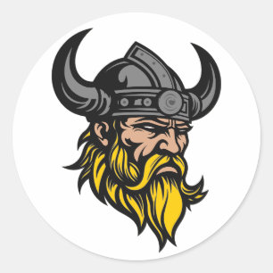 Pegatina Redonda Guerrero viking con barba larga en casco
