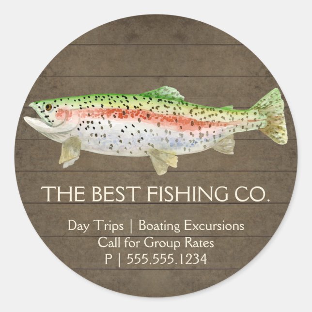 Pegatina Redonda Guía Rusa de Pesca de Madera (Anverso)