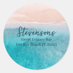 Pegatina Redonda Guión azul moderno Nombre personalizado Beach Hous