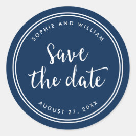 Pegatina Redonda Guion azul y rayas blancas Salvar la fecha