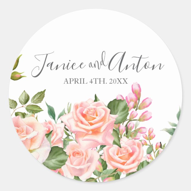 Pegatina Redonda Guión Boda botánico rosa Rubor (Anverso)