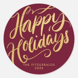 Pegatina Redonda Guión brillante Felices Fiestas Rojas y Faux Gold