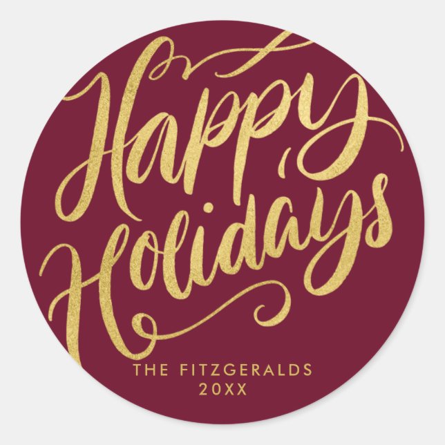 Pegatina Redonda Guión brillante Felices Fiestas Rojas y Faux Gold (Anverso)