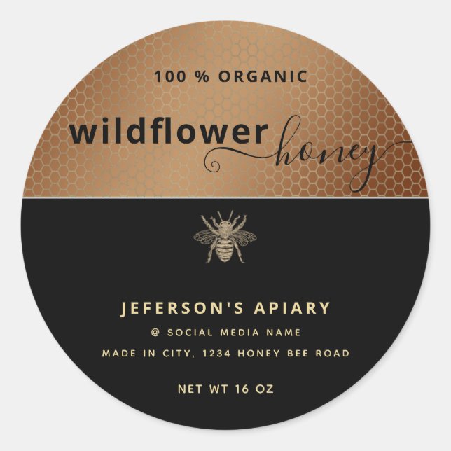 Pegatina Redonda Guión de abeja dorada negra moderna Tarro de miel (Anverso)