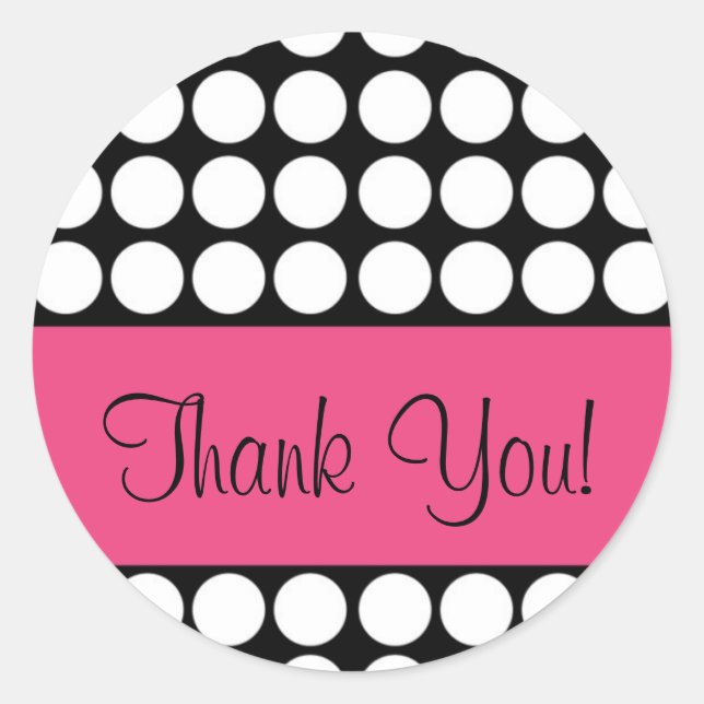 Pegatina Redonda guión de agradecimiento de puntos rosas y negros (Anverso)